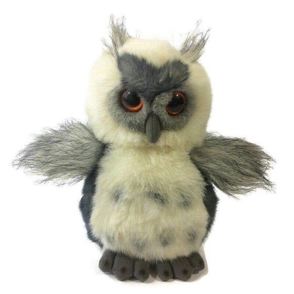 Aurora Horned Owl Plush White Gray 9" Stuffed Animal Toy Realistic Orange Eyes - Picture 1 of 12